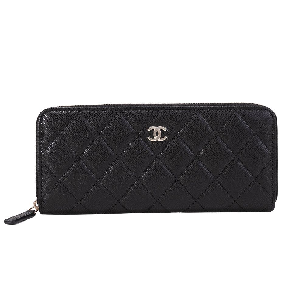 CHANEL 淡金LOGO粒面菱格紋牛皮窄版拉鍊長夾(黑色)