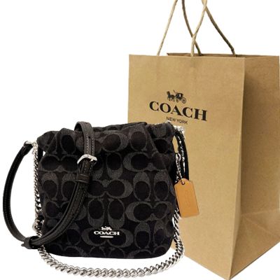 COACH 新款FAYE 牛仔單寧鏈帶迷你手提斜背兩用水桶包附紙袋(黑)