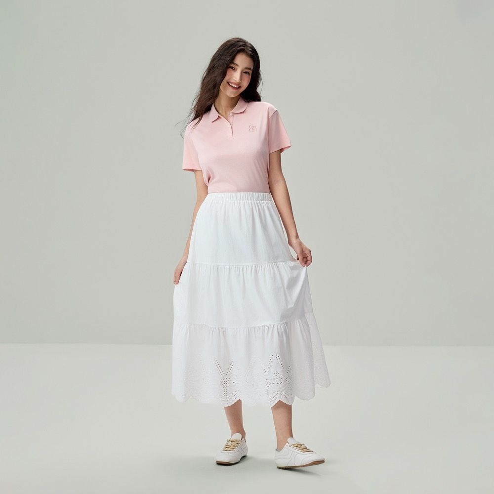 GIORDANO 女裝質感刺繡花邊蛋糕長裙 (02 皎白)