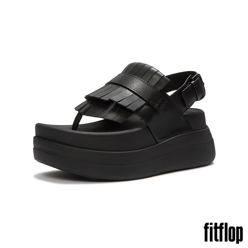 【FitFlop】F-MODE 厚底皮革流蘇夾腳後帶涼鞋-女(黑色) (黑色)