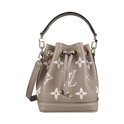 LOUIS VUITTON路易威登 LV M46291 NANO NOÉ燙金LOGO Monogram Empreinte牛皮束口手提斜背水桶包(迷你/斑鳩灰x奶油米)