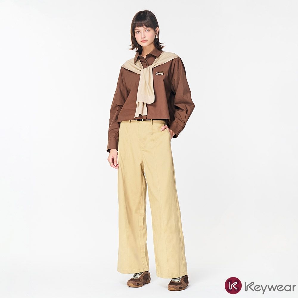 KeyWear奇威名品    俐落剪裁百搭修身長褲(共3色)-米色