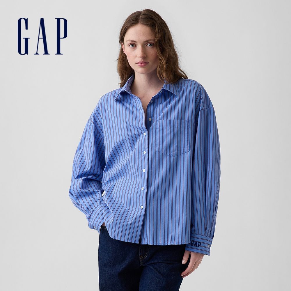 【GAP】府綢寬版襯衫-藍紅條紋(912045) (藍紅條紋)