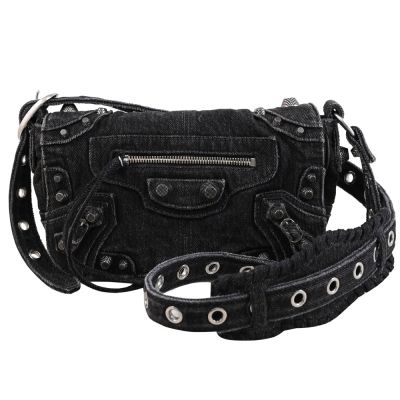 BALENCIAGA巴黎世家 BALENCIAGA Le Cagole XS 經典鉚釘釦水洗丹寧翻蓋式肩/斜背包(黑)