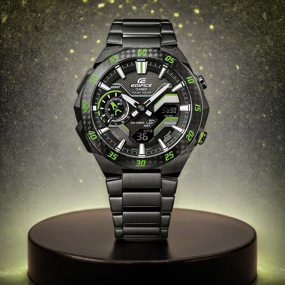 CASIO 卡西歐 EDIFICE 賽車方格旗 太陽能藍芽手錶 開學換新季 送禮推薦-黑x綠色 ECB-2200RC-1A3