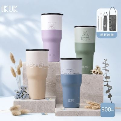 【IKUK 艾可】真陶瓷保溫保冰杯-全陶瓷吸管杯冰壩杯900ml贈5件組(吸管杯/保溫瓶/大容量/環保杯)