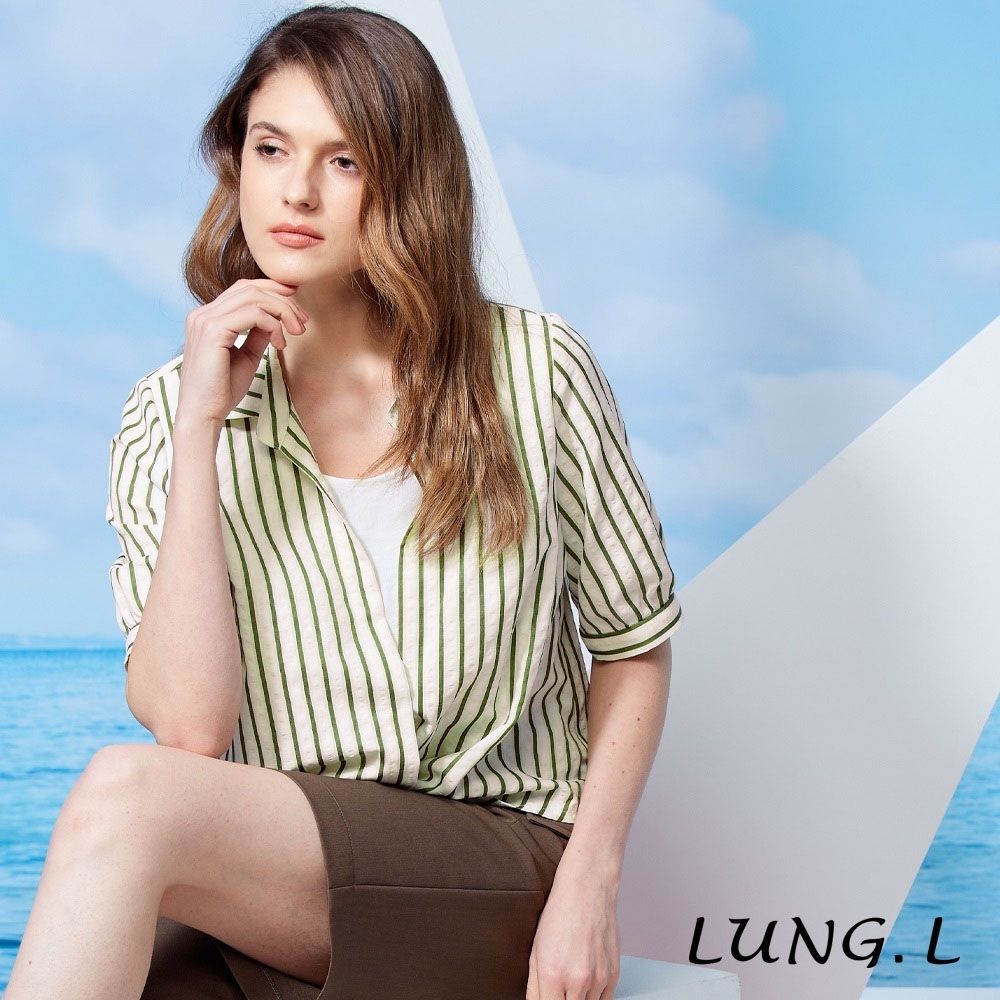 LUNG.L林佳樺 米色條紋前短後長假兩件七分袖女裝上衣 LU36A