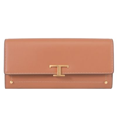 TOD’S T Timeless 金屬LOGO小牛皮經典款釦式長夾(淺咖)