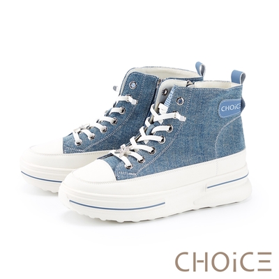 CHOiCE 舒適牛貼皮厚底高筒休閒鞋 牛仔藍