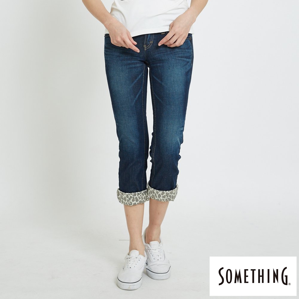 SOMETHING 女裝 NEO FIT合身七分牛仔褲-中古藍