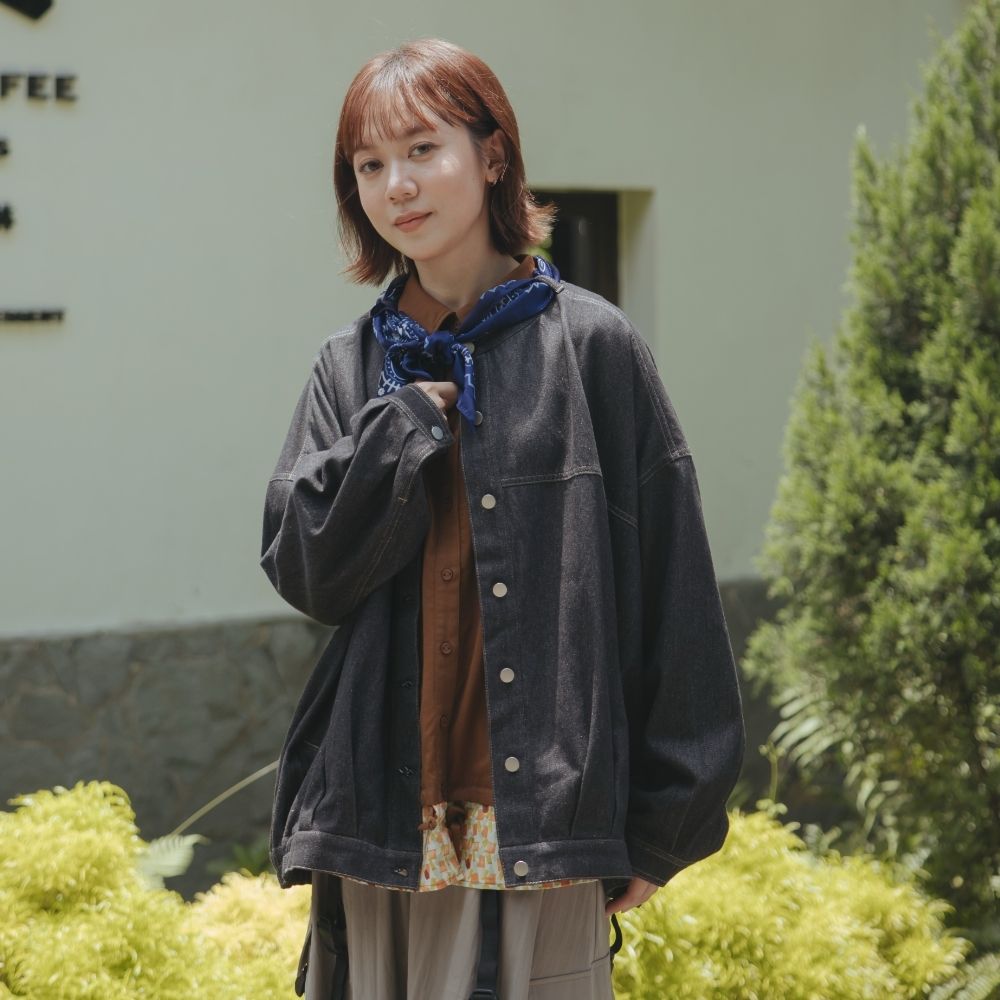 【MOSS CLUB】牛仔水洗領巾開釦外套 藍 黑(魅力商品)