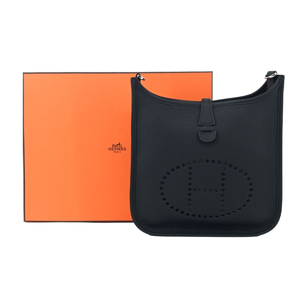 Hermes 愛馬仕 Evelyne 23cm H LOGO牛皮布款背帶斜/肩背包(黑銀/K刻)
