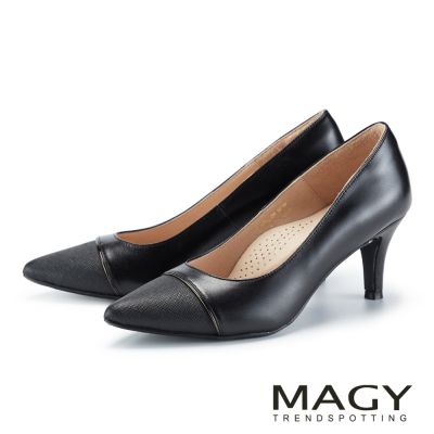MAGY 羊皮拼接壓紋牛皮尖頭高跟鞋 黑色