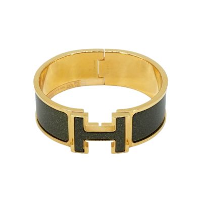二手品 Hermes 愛馬仕 Clic H Logo星光琺瑯寬版手環-PM(灰綠/金)