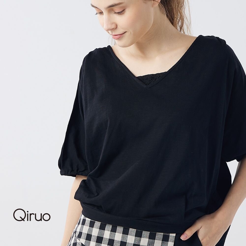 【Qiruo 奇若名品】專櫃黑色短袖上 短版時髦設計(腰部束口設計2112A)