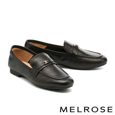 低跟鞋 MELROSE 美樂斯 復古時尚珍珠金屬釦打蠟羊皮樂福低跟鞋－黑