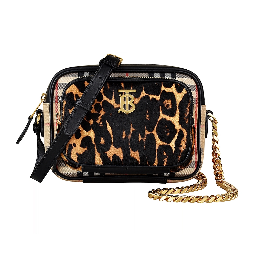 BURBERRY 巴寶莉  VINTAGE金屬LOGO豹紋設計尼龍拉鍊斜背相機包(黑)