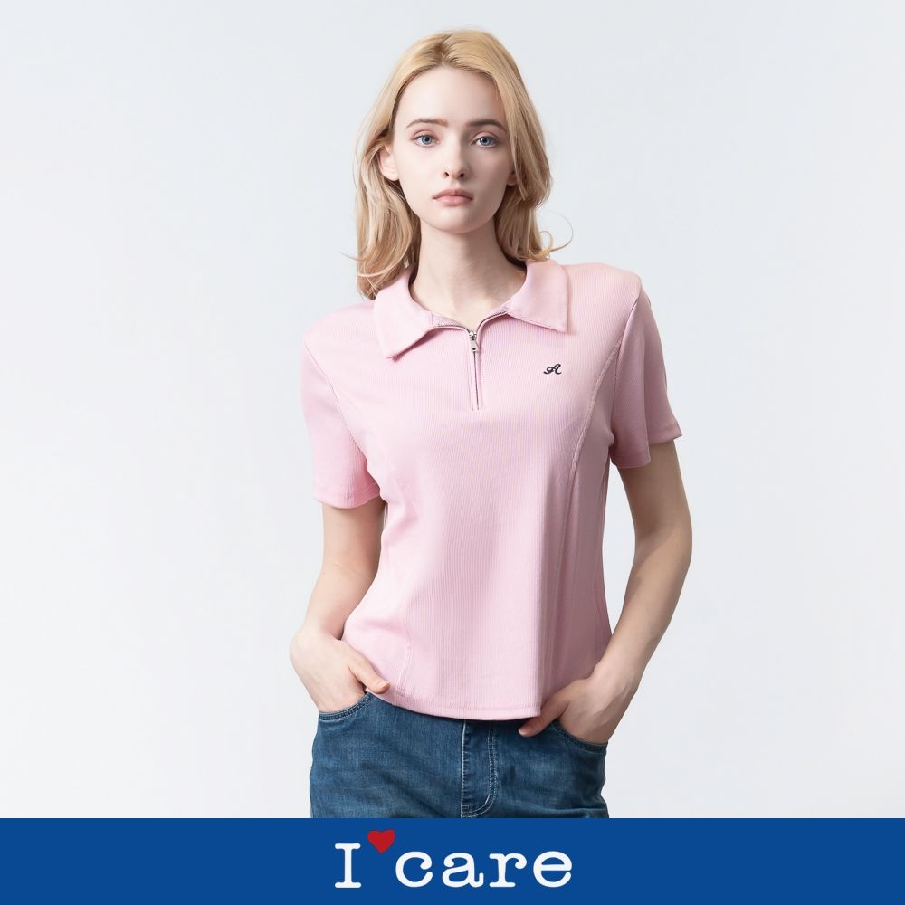 現貨【I'Care 依卡】粉紅lulu風A字切接POLO衫（F）｜女T恤 女休閒上衣 運動上衣