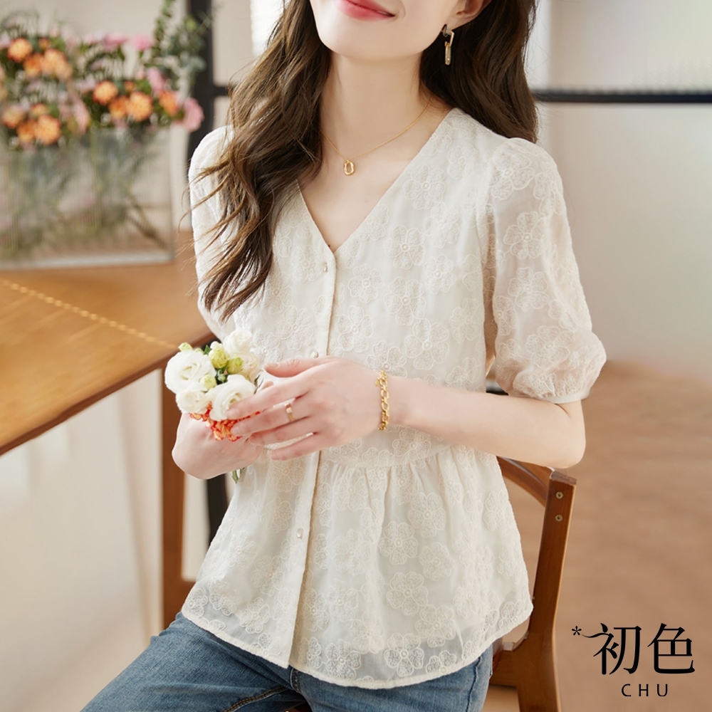 初色  法式泡泡袖蕾絲拼接顯瘦短袖V領襯衫上衣-杏色-68222(M-2XL可選)