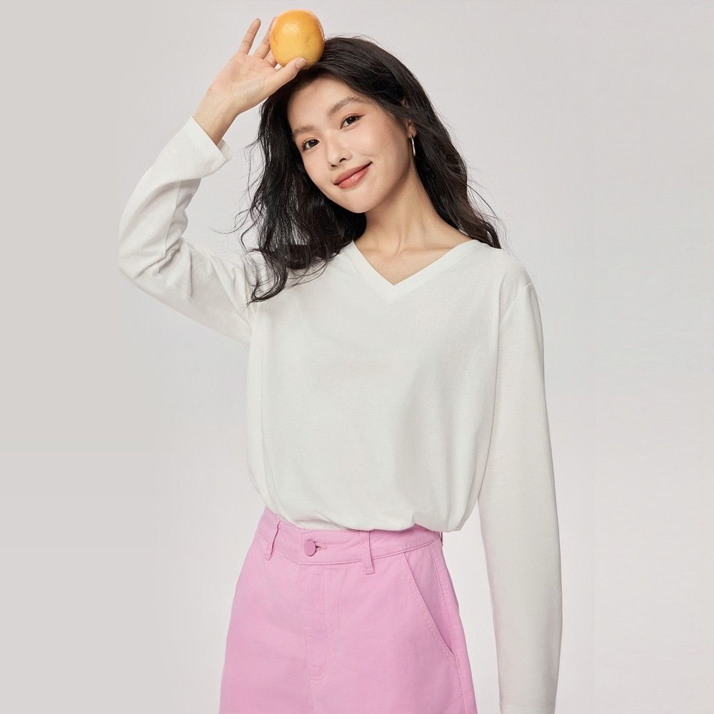 GIORDANO 女裝V領修身顯瘦長袖上衣 (16 皎白)