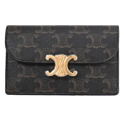CELINE TRIOMPHE 品牌金屬LOGO印花款翻蓋式長款零錢卡包(深咖)