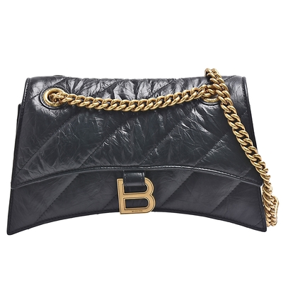 BALENCIAGA巴黎世家 BALENCIAGA 經典CRUSH品牌B LOGO絎縫小牛皮肩/斜背包(黑色)