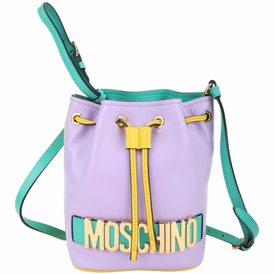 MOSCHINO 金屬字母附手腕帶撞色牛皮束口手提/斜背水桶包(紫x黃x綠)
