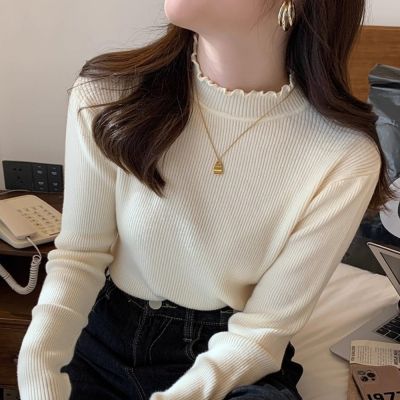 La Belleza立領半高領荷葉邊坑條包芯紗針織內搭彈性打底上衣