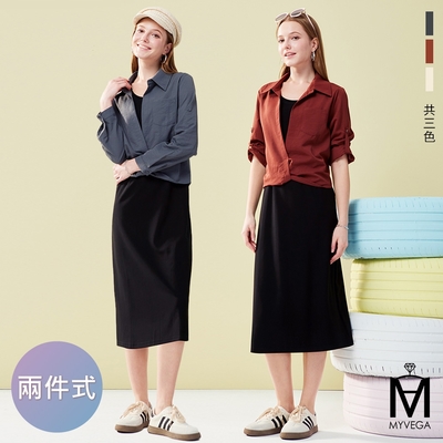 MYVEGA麥雪爾 MA襯衫式真兩件休閒長洋裝-米-共三色