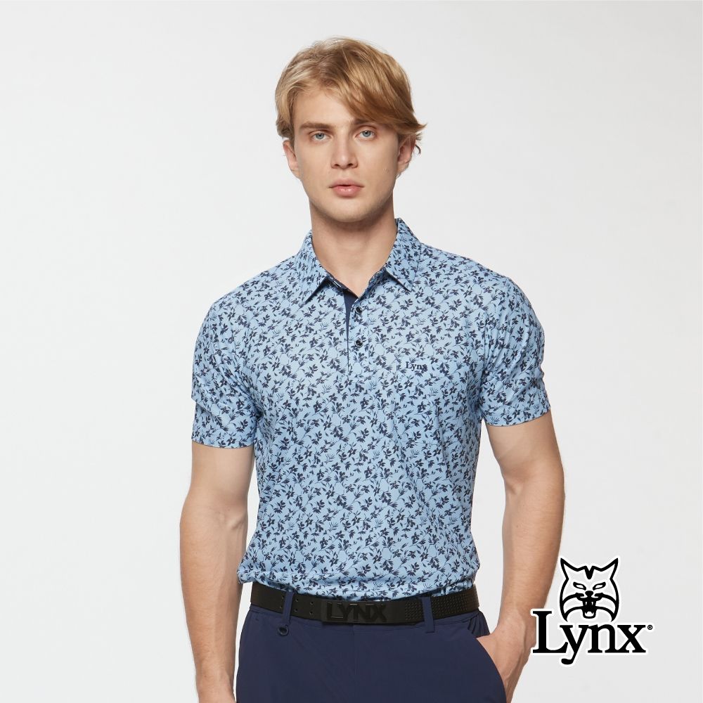 【Lynx Golf】男款吸濕排汗滿版花草印花胸袋款短袖POLO衫(二色) (灰藍色)