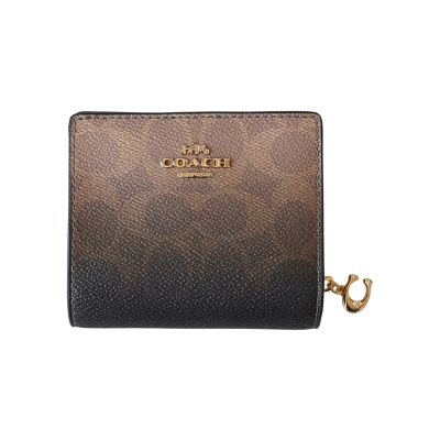 COACH 漸層咖C Logo PVC C字拉鍊袋釦式雙摺短夾