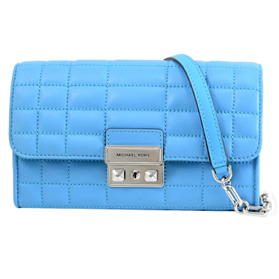 MICHAEL KORS TRIBECA 金屬釦LOGO絎縫皮革翻蓋式斜背包/WOC(水藍)