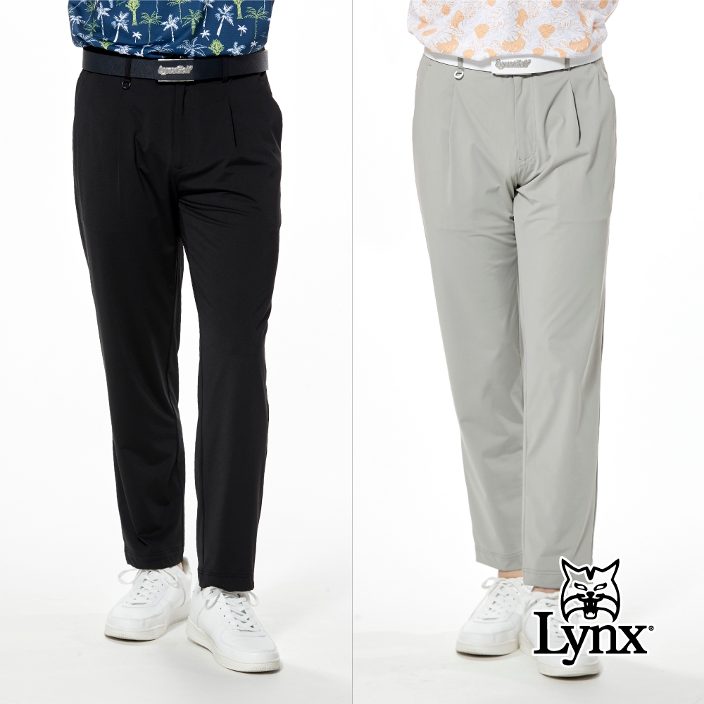 【Lynx Golf】男款日本進口面料彈性舒適百搭休閒款後腰剪接壓紋織帶造型單折休閒長褲(二色) (黑色)