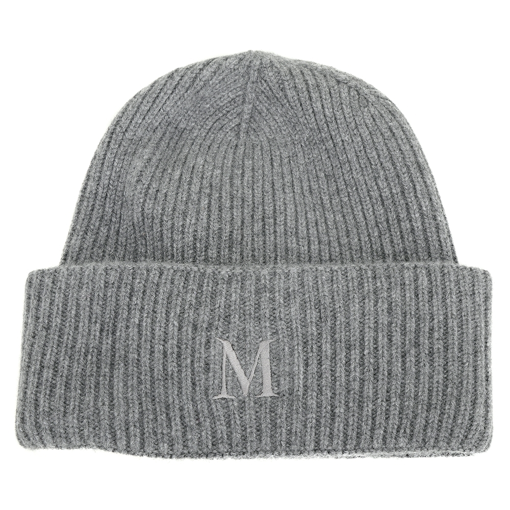 Max Mara RETINA 100%喀什米爾M字刺繡反摺針織羊毛帽(深灰)