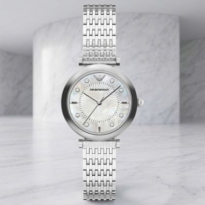 EMPORIO ARMANI 亞曼尼 Archelia 晶鑽白月光優雅氣質珍珠貝女錶 開學購物季 送禮首選-銀/32mm AR11807