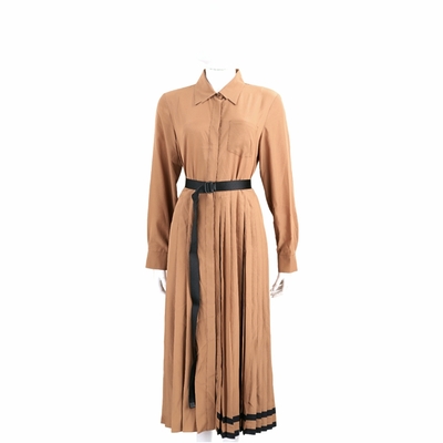 Max Mara SANDALO 不對稱百摺棕色襯衫式排釦洋裝(附織紋腰帶)