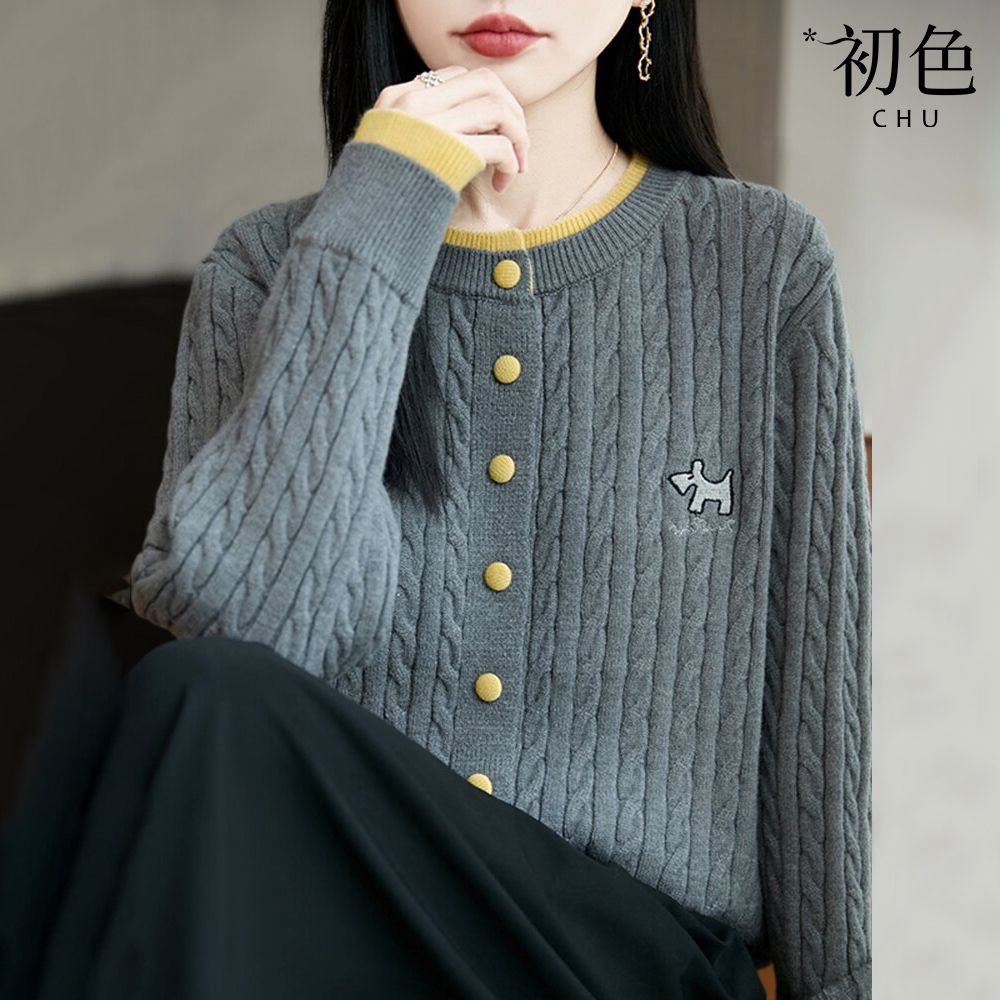 初色 休閒通勤風撞色刺繡單排釦毛衣開衫針織長袖上衣女上衣-共4色-53930(F可選)