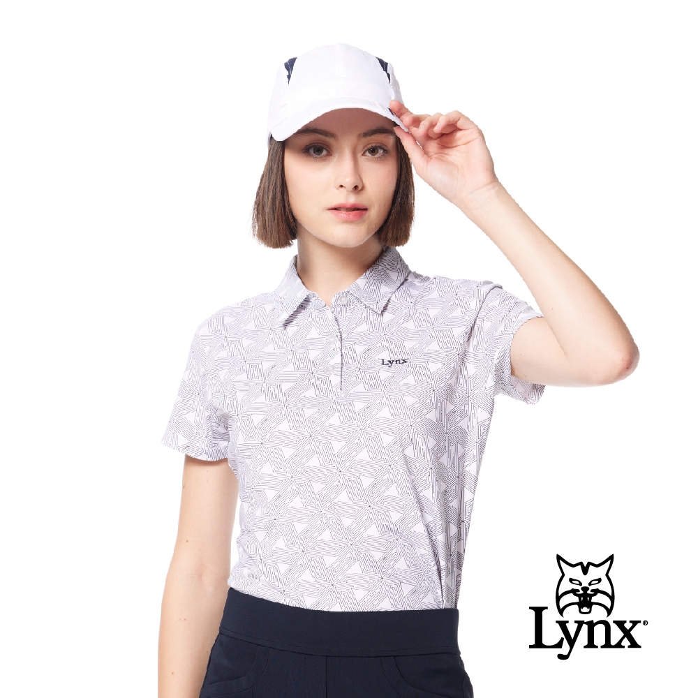 【Lynx Golf】女款吸汗速乾三角線條幾何印花Lynx字樣繡花造型短袖POLO衫/高爾夫球衫-白/黑色 (白黑色)