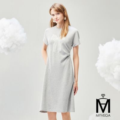 MYVEGA麥雪爾 MA圓領蝴蝶結縫珠A字洋裝-灰