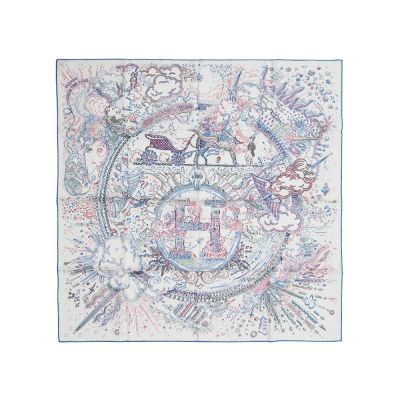 Hermes 愛馬仕 Please hold the line 塗鴉線條圖案絲巾/方巾-90cm(白/藍/紅)