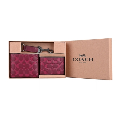 COACH 經典皮革壓印L標誌皮夾鑰匙圈三件禮盒組(葡萄酒紅)