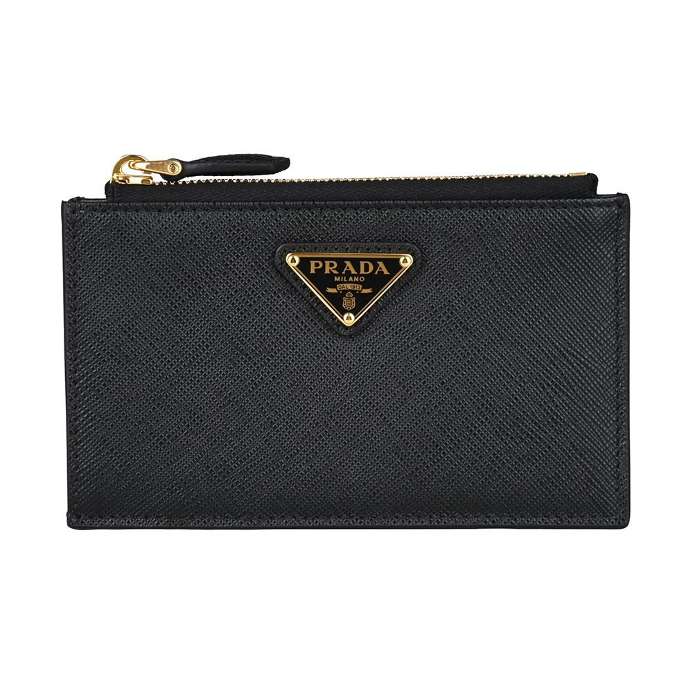 PRADA Saffiano金屬三角牌LOGO防刮小牛皮5卡拉鍊卡夾(黑)
