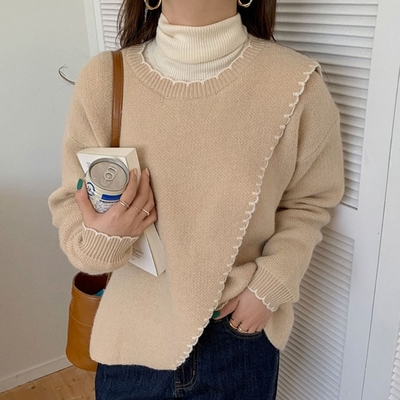 La Belleza圓領花邊滾邊下擺開叉復古優美厚針織毛衣