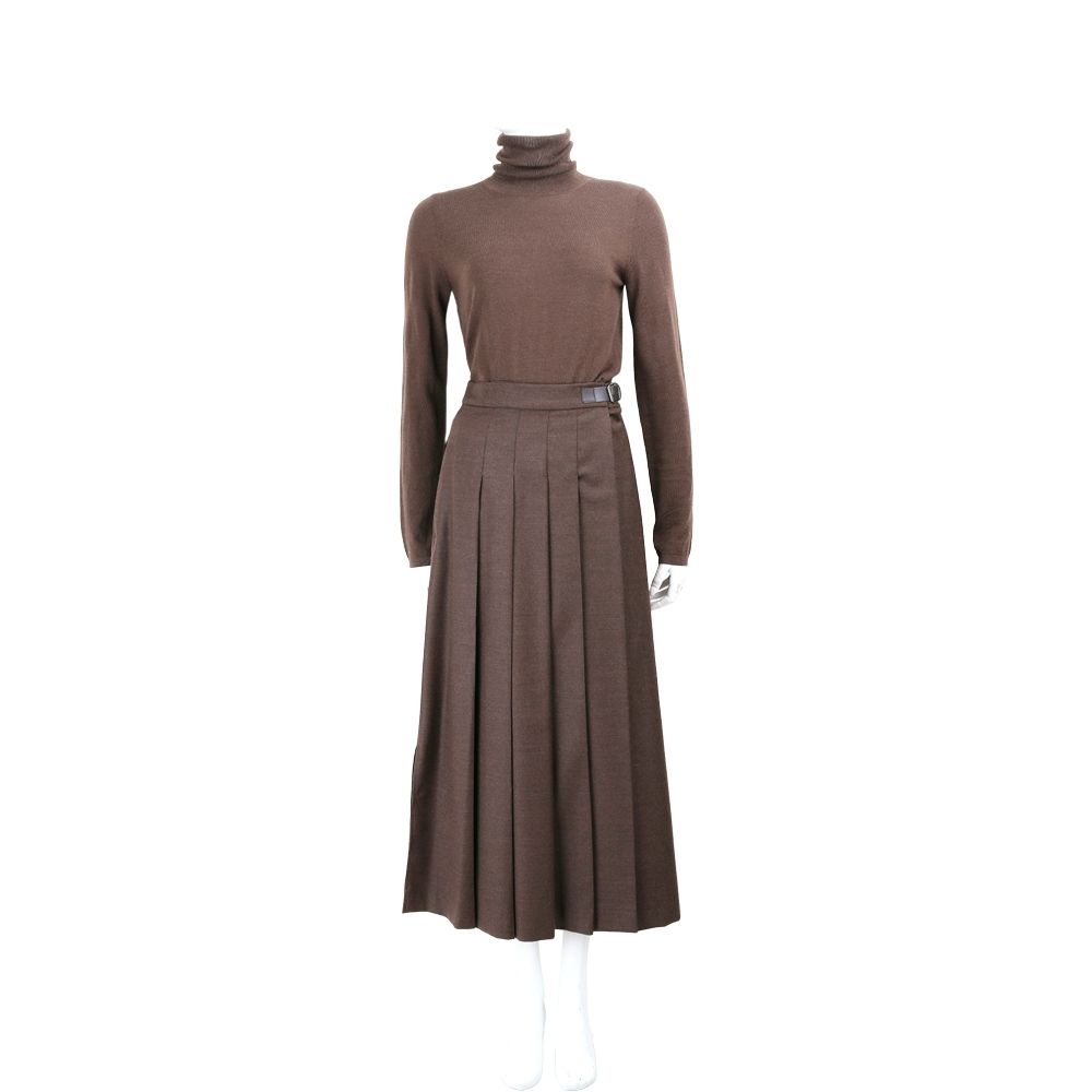 Max Mara-WEEKEND FASTOSO 羊毛混紡咖啡色一片式打摺喇叭長裙