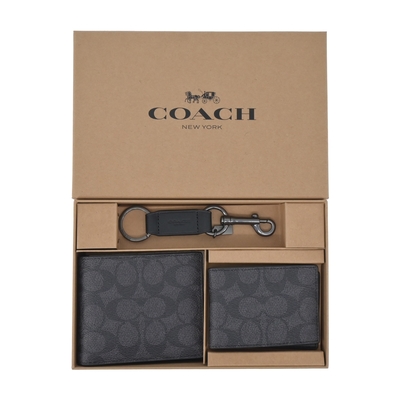 【COACH】經典滿版 LOGO PVC防刮皮革男款8卡短夾禮盒(附證件夾/炭黑)