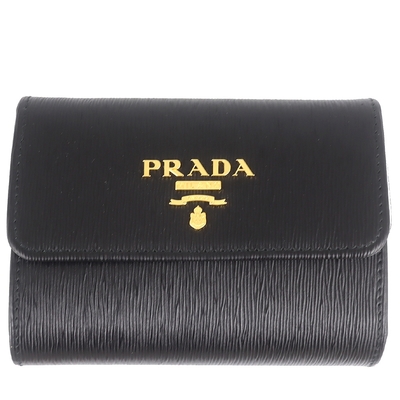 PRADA 普拉達 黑色縱紋牛皮金字三折短夾(拉鍊零錢袋)