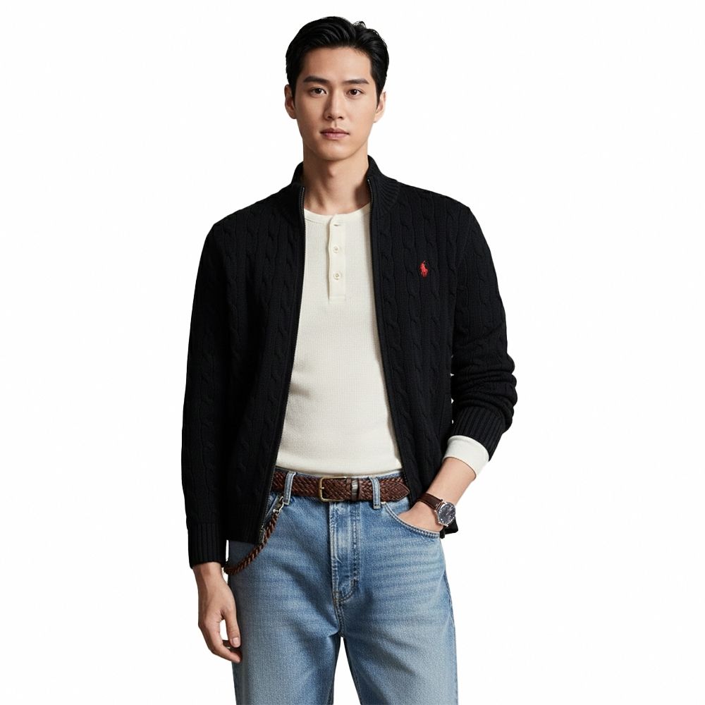 Polo Ralph Lauren RL 熱銷刺繡小馬立領麻花毛衣外套-黑色