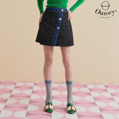 OUWEY歐薇 個性黑白小香拼接牛仔一片裙(黑色;S-L)3233322028
