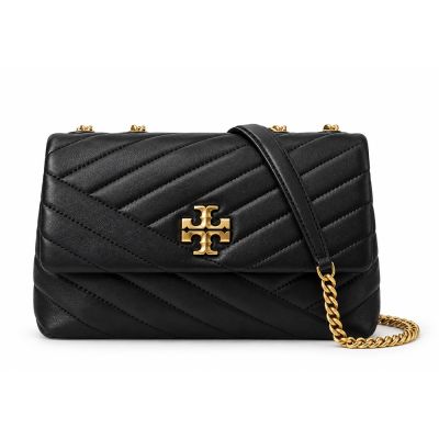 TORY BURCH KIRA 雙T金字LOGO鍊斜紋衍縫翻蓋兩用包(小/黑)