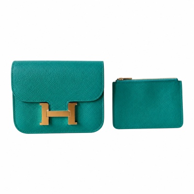 Hermes 愛馬仕 Constance Slim 釦式手拿包（帝王綠/金釦/U刻)